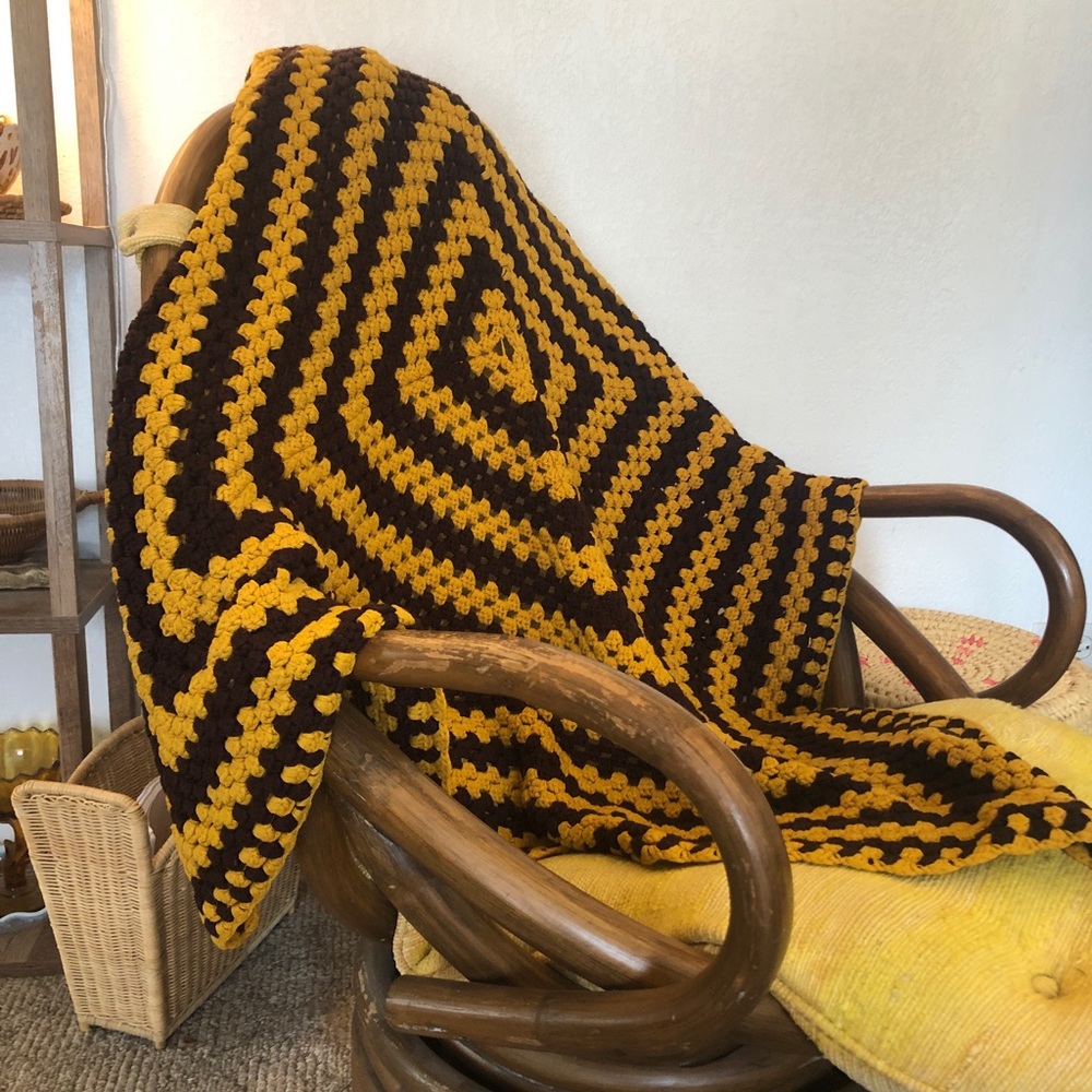 Hand Crocheted Mustard Yellow & Brown Square Granny Square Blanket Vintage